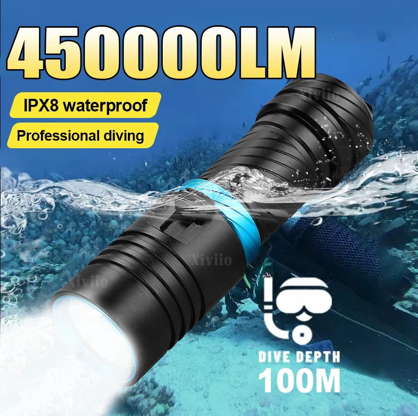

Ultra Powerful 450000LM Diving Flashlight Waterproof Professional Scuba Diving Torch Underwater 100M Super Bright LED Spotlights