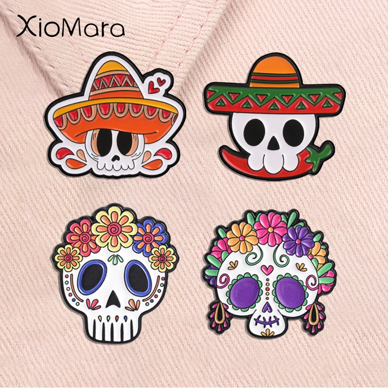 Mexican Day of the Dead Enamel Pins Cinco De Mayo Calavera Sugar Skull Sombrero Brooches Día de los Muertos Halloween Badge Jewe