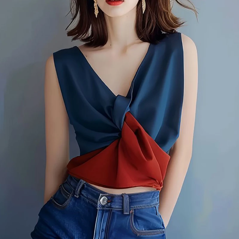 

Женская одежда, новинка лета 2025 года, тонкая корейская майка, офисная женская футболка, элегантные атласные футболки без рукавов с v-образным вырезом и складками