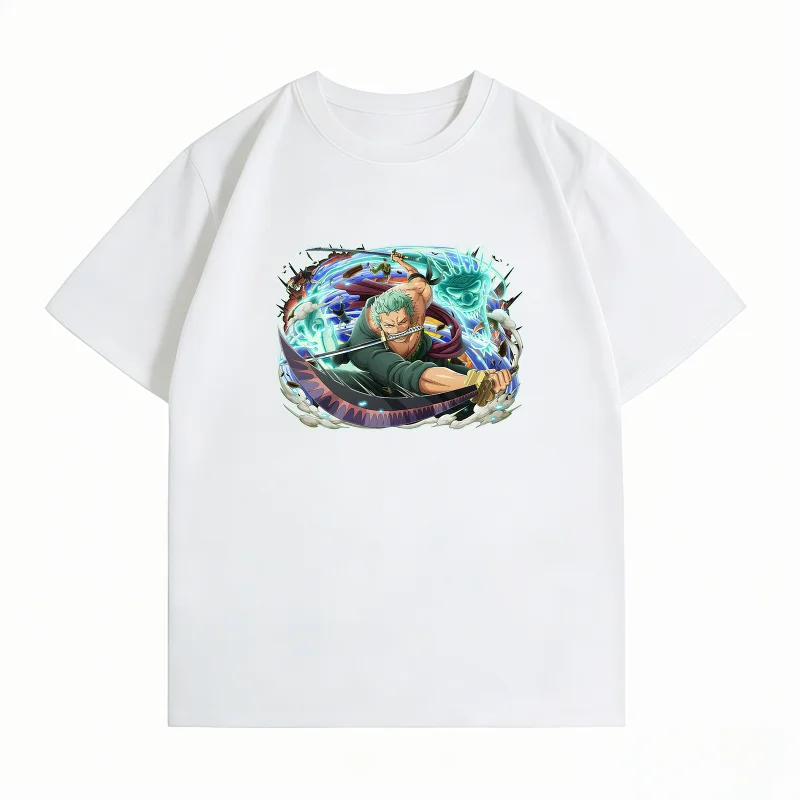 Bandai One Piece Cotton Men's T-Shirt Roronoa Zoro Print Casual Oversized Crew Neck Short Sleeve Summer Anime Graphic Tee