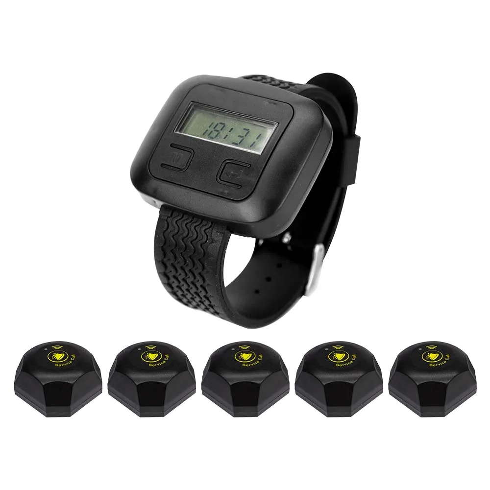 CTT20 5Pcs Call Button Transmitters 1Pcs CTW02 Wrist Watch Pager Wireless Calling System Service for Restaurant Hotel Cafe Bar