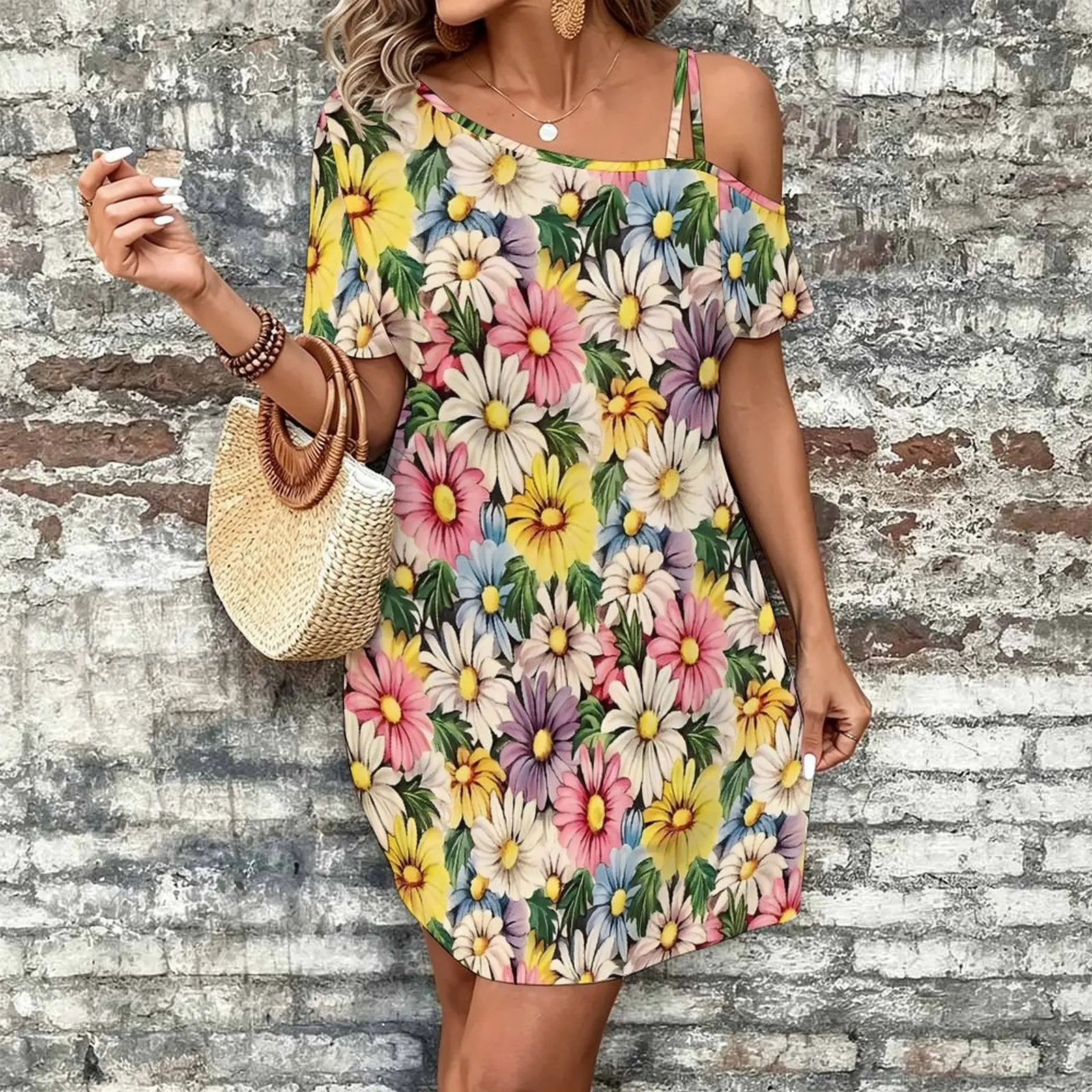 Women Print Cold Shoulder Short Sleeve Mini Dress Irregular Off Shoulder Casual Loose Tunic Dress