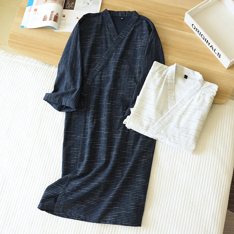 

Spring And Summer New Style Japanese Kimono Men's Bathrobe 100%Cotton Striped Nightgown Plus Size Yukata Home Sweat Steaming Set