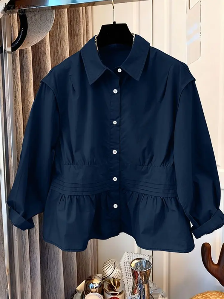 Zanzea moda feminina chique camisas turn-down colarinho manga longa botão up pintuck cor sólida topos outono 2025 roupas femininas S-3XL