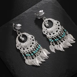 2024 Vintage Ethnic clip on Earrings for Women Round Turquoise Bohemian Handmade Tassel Earrings Party Wedding Ear Jewelry