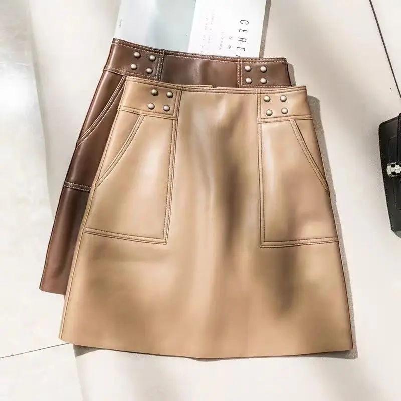 

Korean Fashion Autumn Winter Women Solid Zipper Pocket Temperamen Office Lady Chic High Waist Short Slim A-line PU Leather Skirt