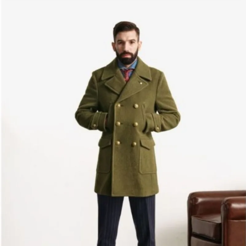 

Men Green Mens Blends with Double Row Buttons Medium Length Lapel British Style Autumn Winter Coat