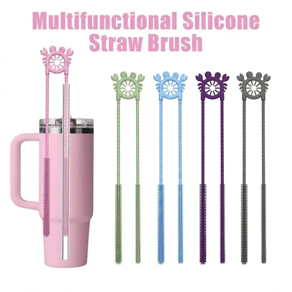 2-in-1 Straw Cleaner Brush Silicone Long Handle Straw Cleaning Kit Hanging Loop Non Slip Grip Bottle Brush Baby Bottles
