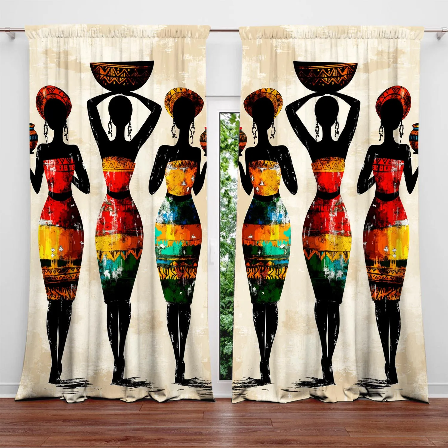 African Women Oil Painting Decorations Print Drapes Room Darkening Window Curtains for Home Decor,Rod Pocket Blackout Curtains
