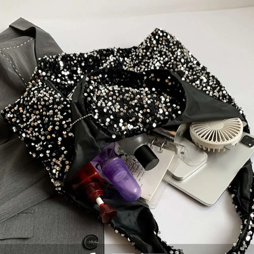 Borsa da sera casual Borsa tote con paillettes Borsa lucida Borsa a tracolla argento Borsa hobo grande moda Studenti