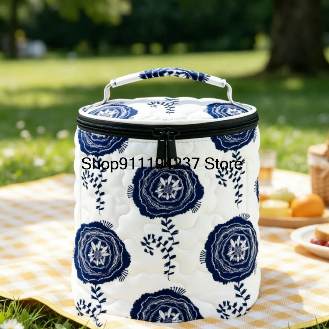 Quilted Cylindrical Insulated Lunch Bag With Tie-dye Country Design, Cooler Tote With Separate Side Pockets,
