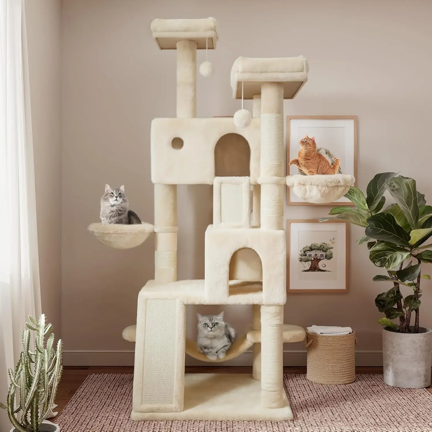 Larger Cat Tree Tower Condo for Indoor Cats, Multi-Level Furniture Activity Center with Wide Base/Cozy Plush Cat