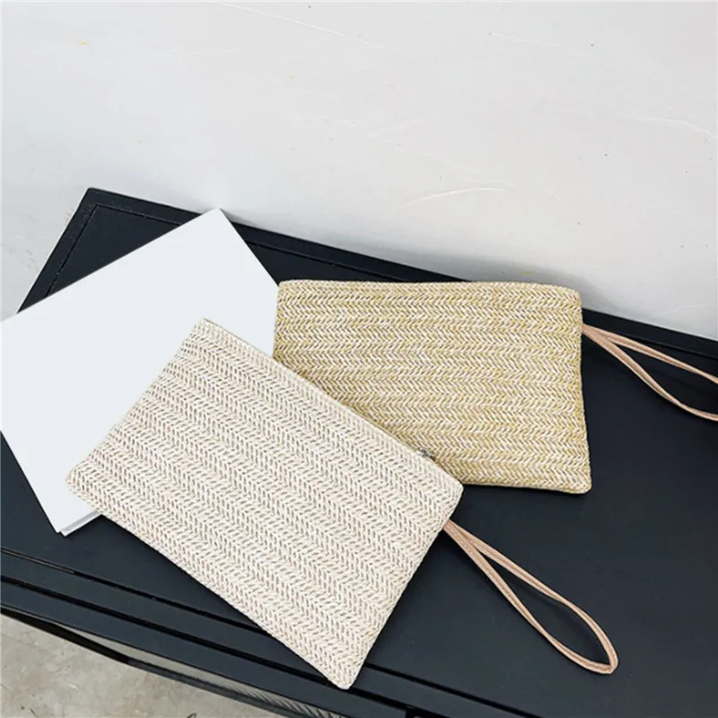 

Fashion Straw Weaving Clutch Bag Solid Woven Coin Purse Beach Wallet for Women Daily Use with Phone And Money Slots Card Holder