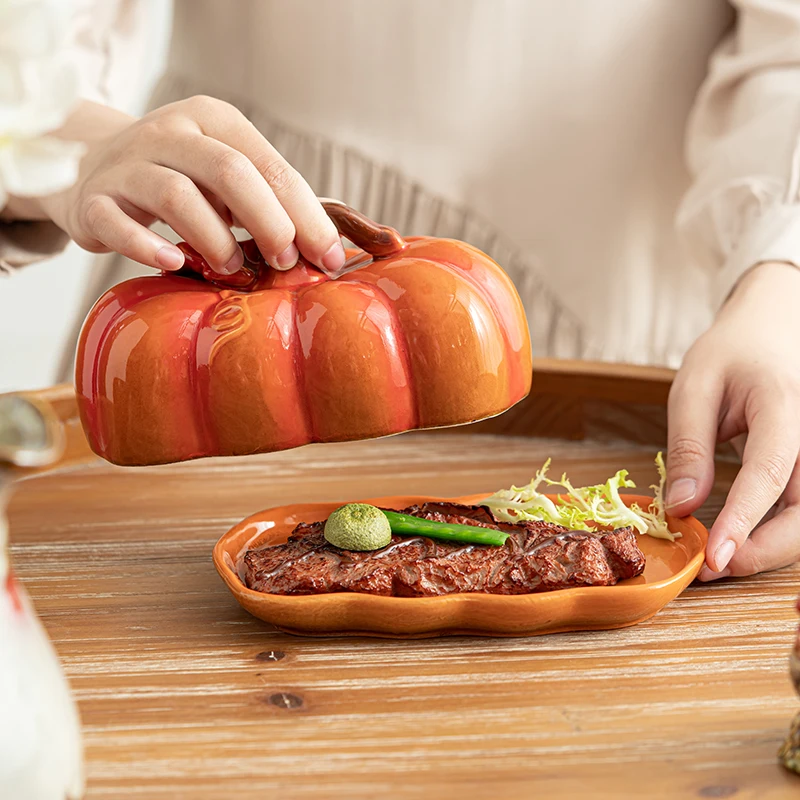 Creative ceramic dinner plates with novel pumpkin shaped lids kitchen and restaurant utensils bowls and New Year holiday gifts