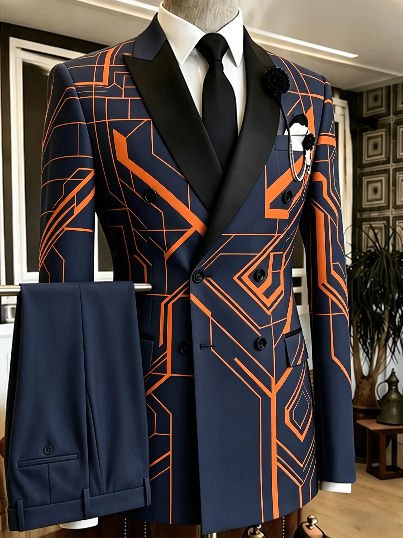 Men's Two Piece Formal Suit Set Geometric Print Blazer Dress Pants Fashion Business Wedding Party Prom Dinner Evening Suit
