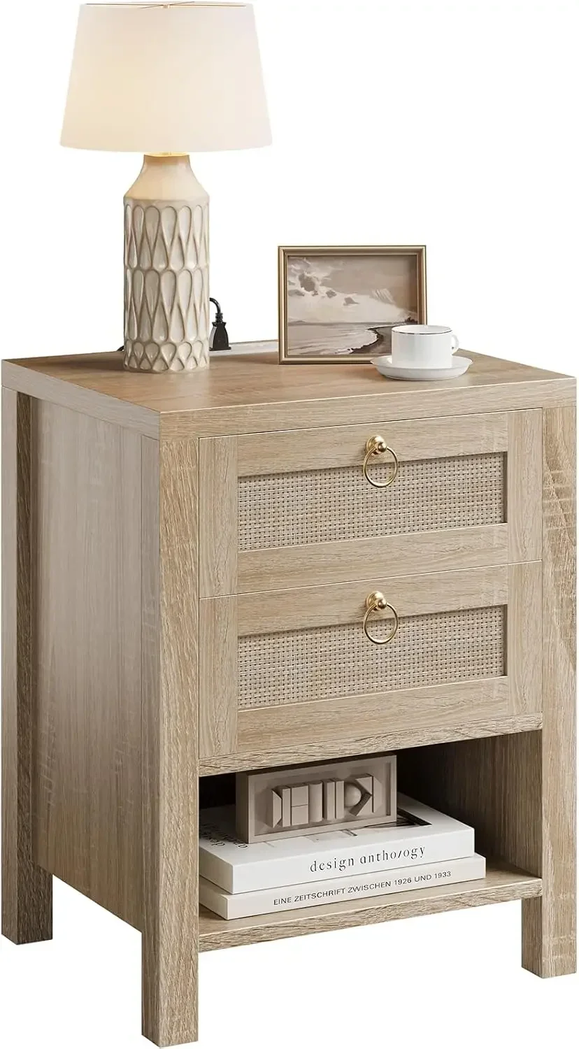 Light Wood Rattan Nightstand Bedside Side End Table Storage Drawers Shelf Charging Station Bedroom Living Room
