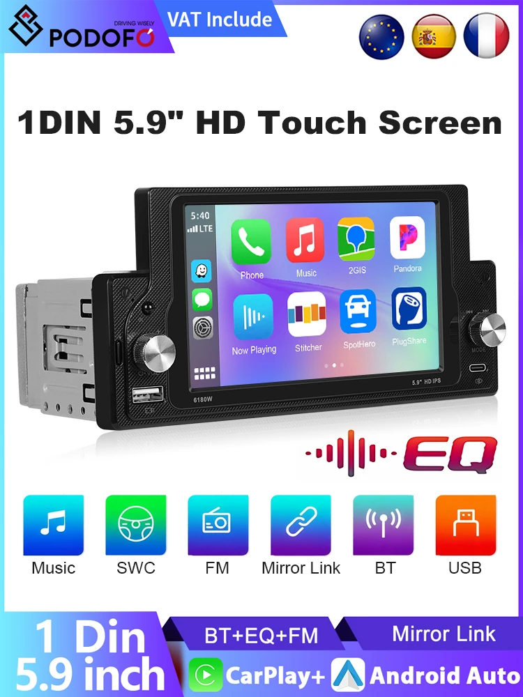 Podofo 1Din "لاسلكي Carplay أندرويد راديو السيارة التلقائي أندرويد 13 الوسائط المتعددة فيديو سيارة مشغل MP5 BT FM ستيريو USB راديو السيارة