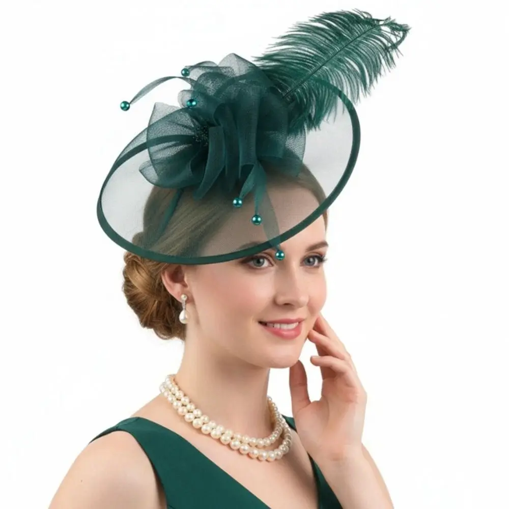 

Exquisite Mesh Feather Headband Pearl Elegant Vintage Fascinator Hat Headpiece Formal Hat Masquerade Hair Band Dance Show