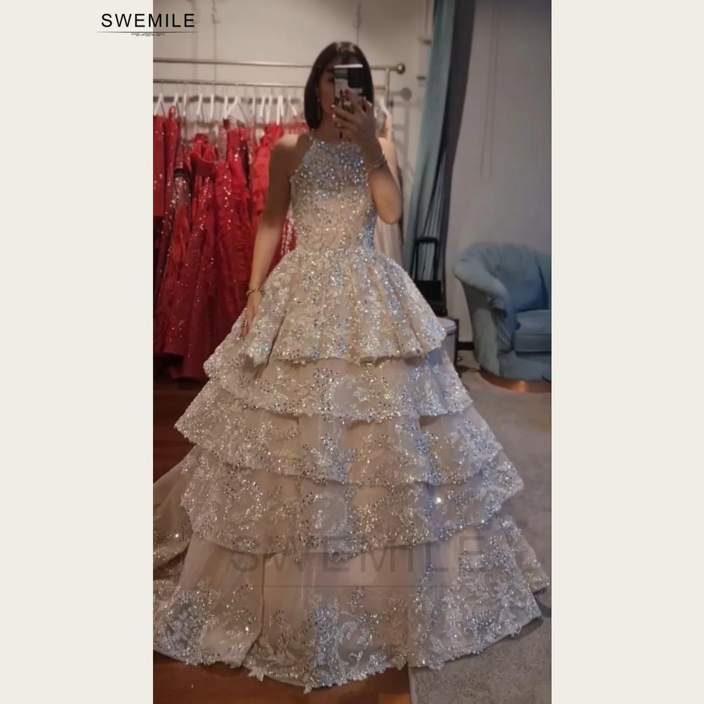 SWEMILE Luxury Beaded Halter Ball Gown Evening Dress