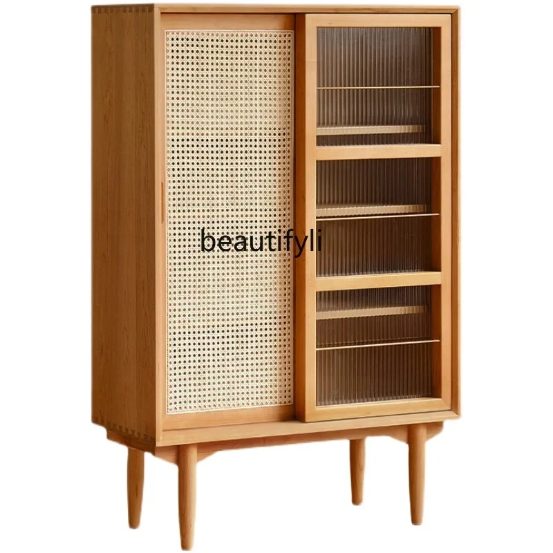 

Nordic Solid Wood Rattan Bookcase Modern Minimalist Living Room Glass Mobile Door Locker Japanese Storage Cabinet Display