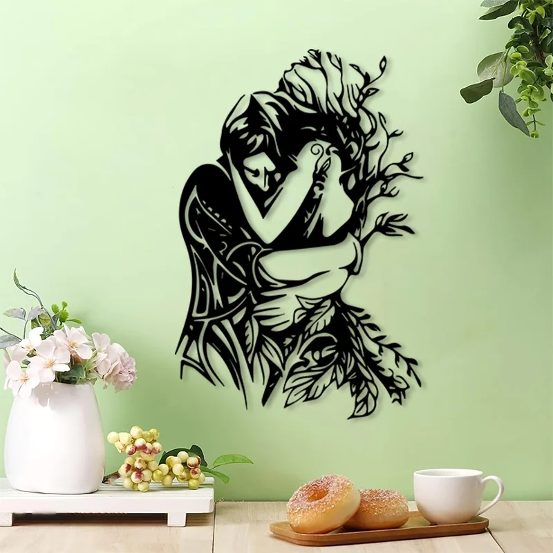 2D Flat, 1pc Romantic Couple Metal Wall Art - Elegant Embracing Figures with Nature Integration