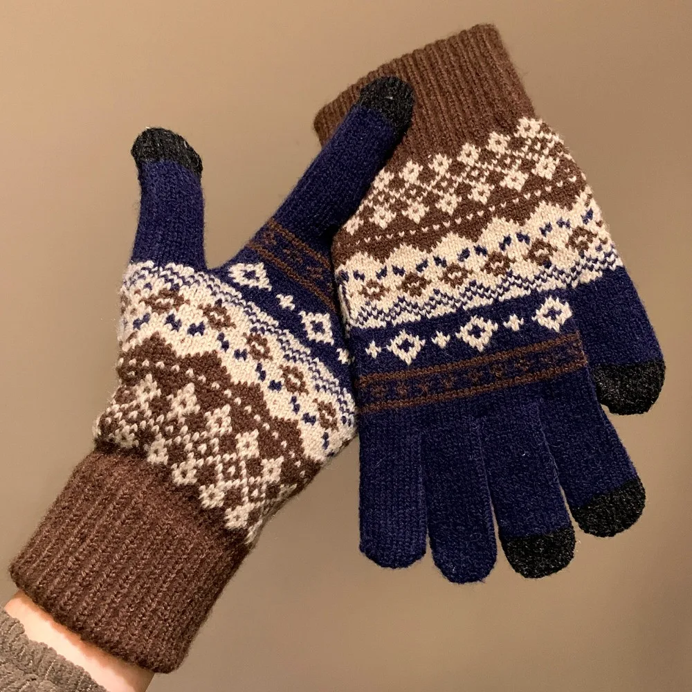 Guantes de punto de invierno estilo Fair Island para esquiar, guantes de lana con estampado rojo suave, guantes gruesos a prueba de viento para mujer, manoplas de ciclismo para niñas