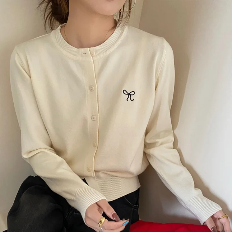 

Korean Bow Embroidered Knitted Cardigan Women 2025 Autumn Winter Solid Full Sleeve Sweater Fashion O-Neck Single-breasted Tops