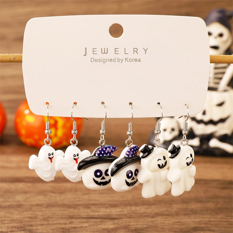 

3Pcs/Set Halloween Cute Chost Cat Drop Earrings for Women Funny Cartoon Pumpkin Bat Castle Earrings Cosplay Party Jewelry Gift