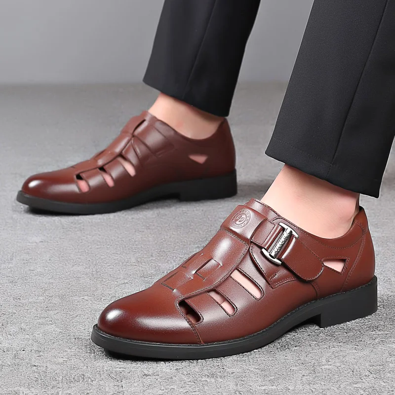 Summer Hollowed Out Men Leather Shoes Soft Sole Casual Business Men‘s Sandals Breathable Office Formal Lightweight Outdoor Shoes