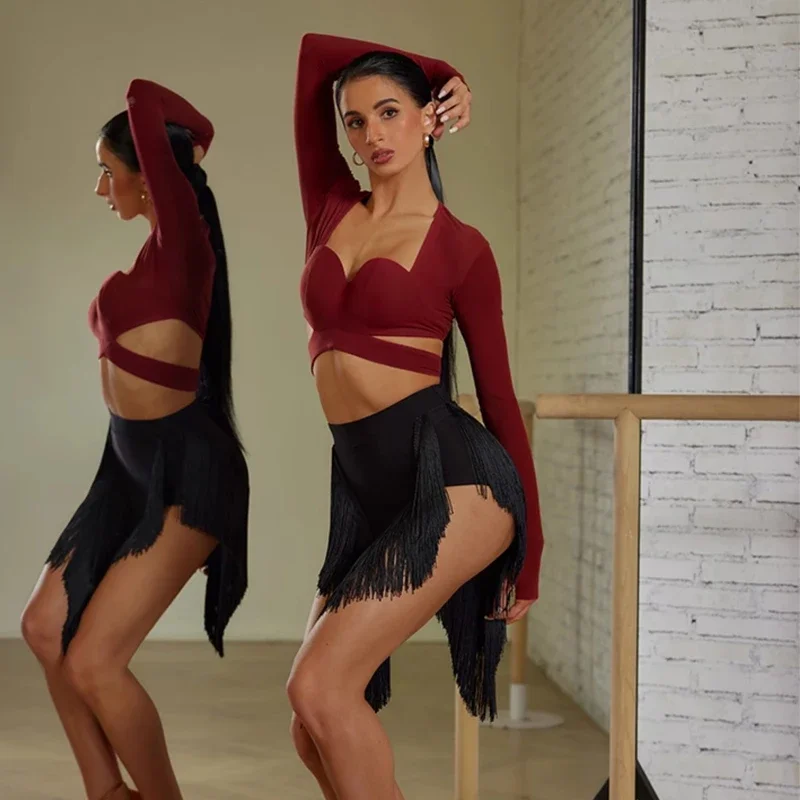 أزياء الرقص اللاتينية مهدب تنورة المرأة مثلث شرابات التنانير مثير تشاتشا سامبا اللاتينية ملابس الرقص التنانير التدريب