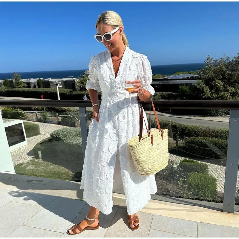 

Elegant White Lace Jacquard Dress Women Solid Color V-neck Short Sleeves Single Breasted Long Dresses Temperament Socialite