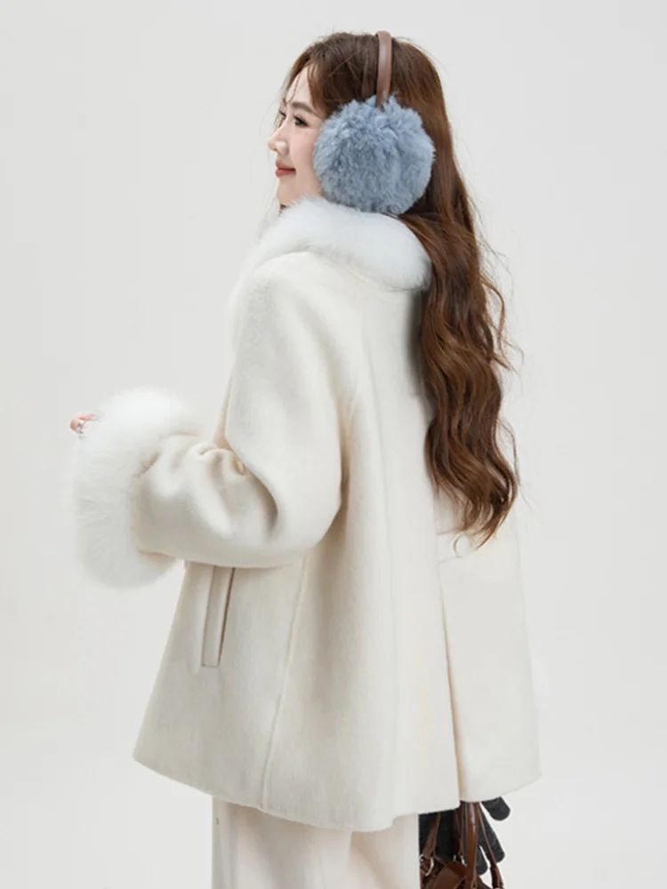 Damski płaszcz z kaszmirem i wełną na zimę 2025, luksusowy, gruby, z naturalnym kołnierzem z futra lisa, szalikiem, elegancki, codzienny płaszcz wierzchni.