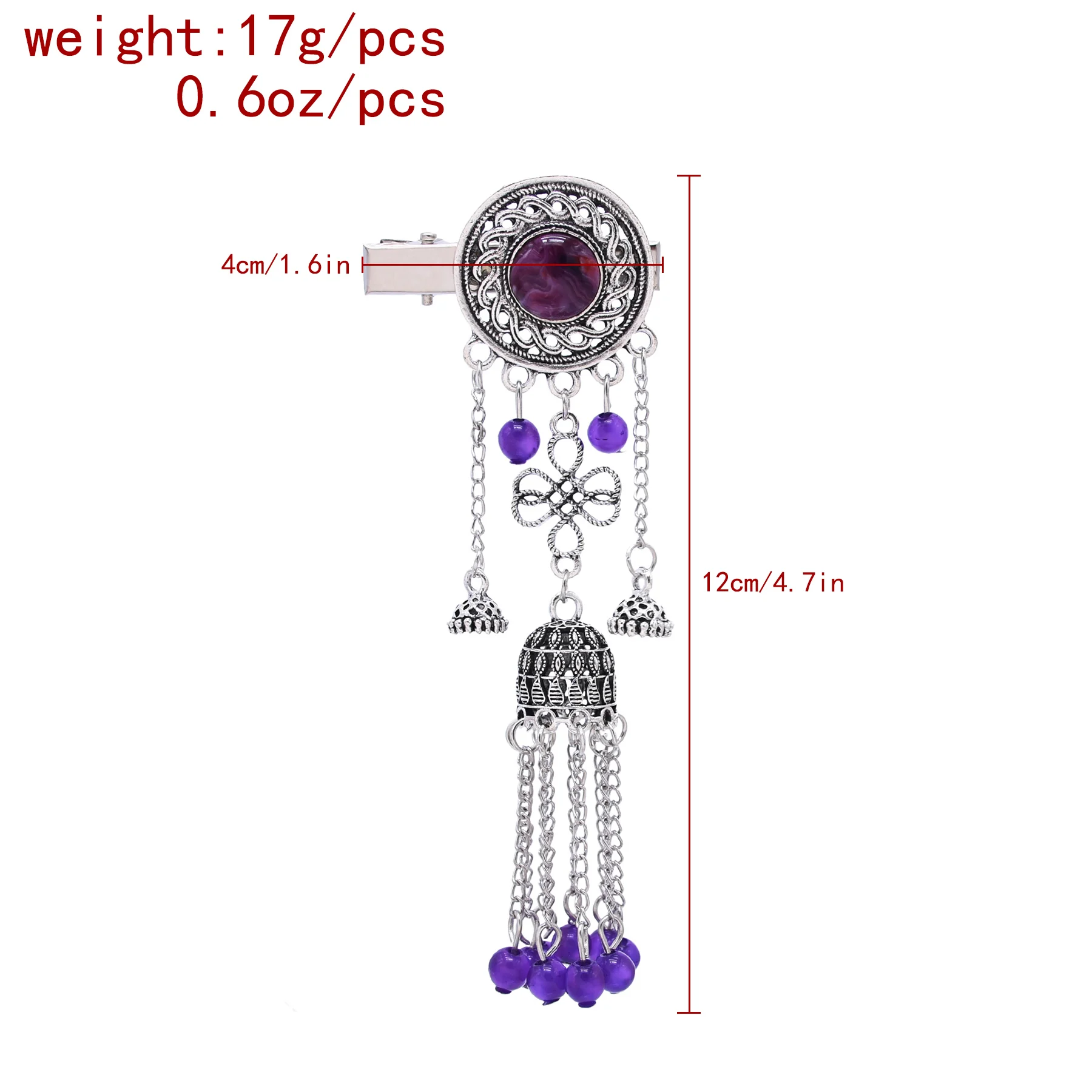 Ethnic Style Vintage Silver Lantern Bell Geometric Hollow Chain Beaded Tassel Hair Side Clip for Women