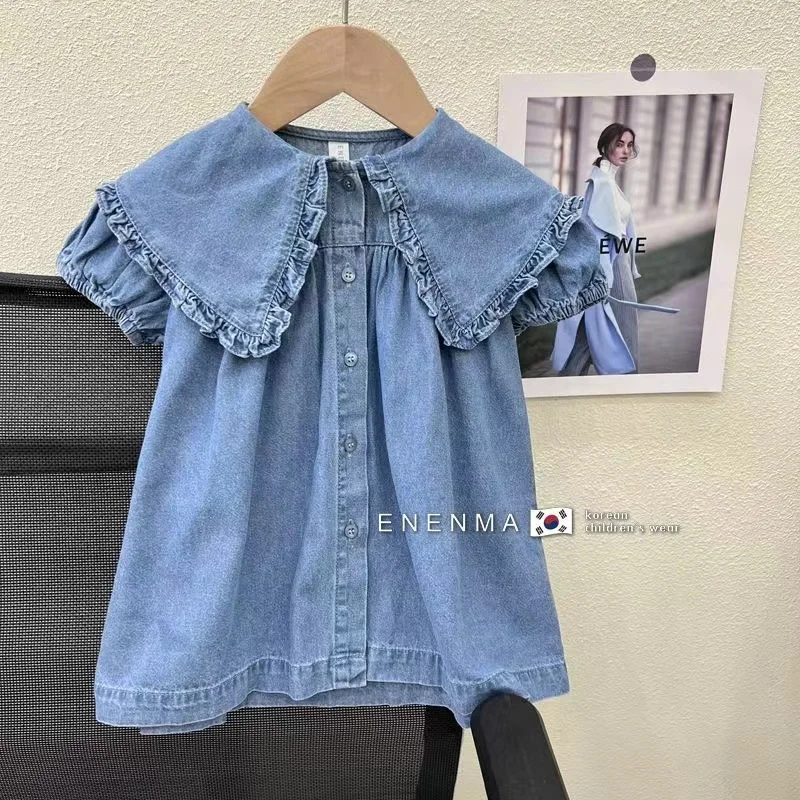 

Children's Dress Summer Girl's Fashionable Bubble Sleeves Denim Dress Baby Cotton Short Sleeves Flip Collar Princess Dress