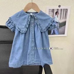 Manga bolha infantil Denim Vestido, Manga curta para bebé, vestido de princesa com gola flip, Algodão, Elegante, Verão