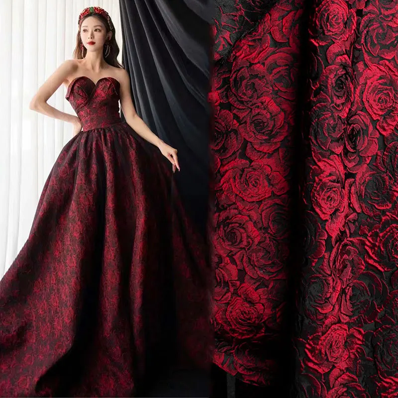 

1x1.55m Embossed Black Dark Red 3D Rose Jacquard Yarn Dyed Vintage Floral Fabric for Women's Dress Suit Bag DIY Sewing Clothing