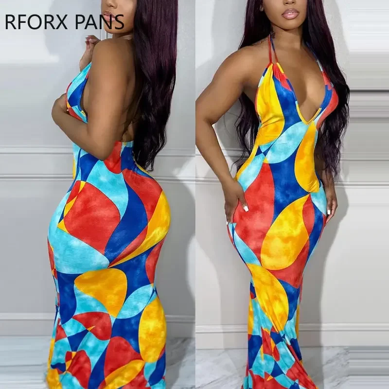 2023 Women Chic Spaghetti Straps Deep V Neck All Over Print Backless Maxi Sexy Bodycon Vacation Dress