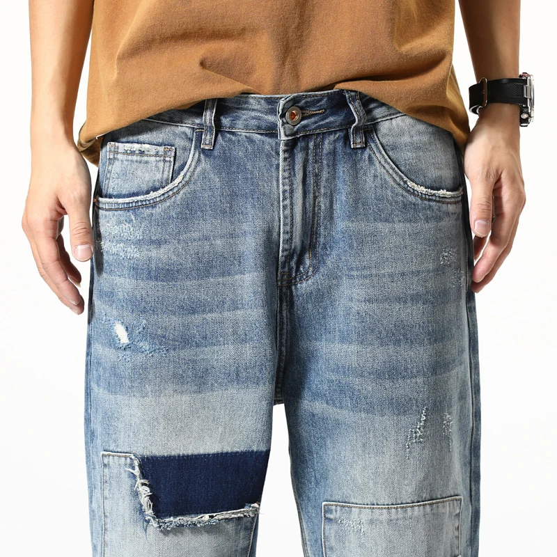 جينز ممزق هيب هوب أمريكي عتيق للرجال للفصول الأربعة Y2k ملابس الشارع الشهير جينز فضفاض مستقيم التصحيح تسع نقاط بانت جينز للشباب #5
