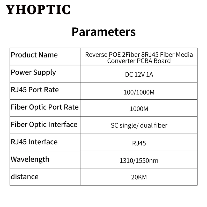 100/1000M odwrócony włącznik Ethernet światłowodowy POE 20km 2 f8e Gigabit PCBA placa konwerter transmisji metra output 12v 1310/1550nm