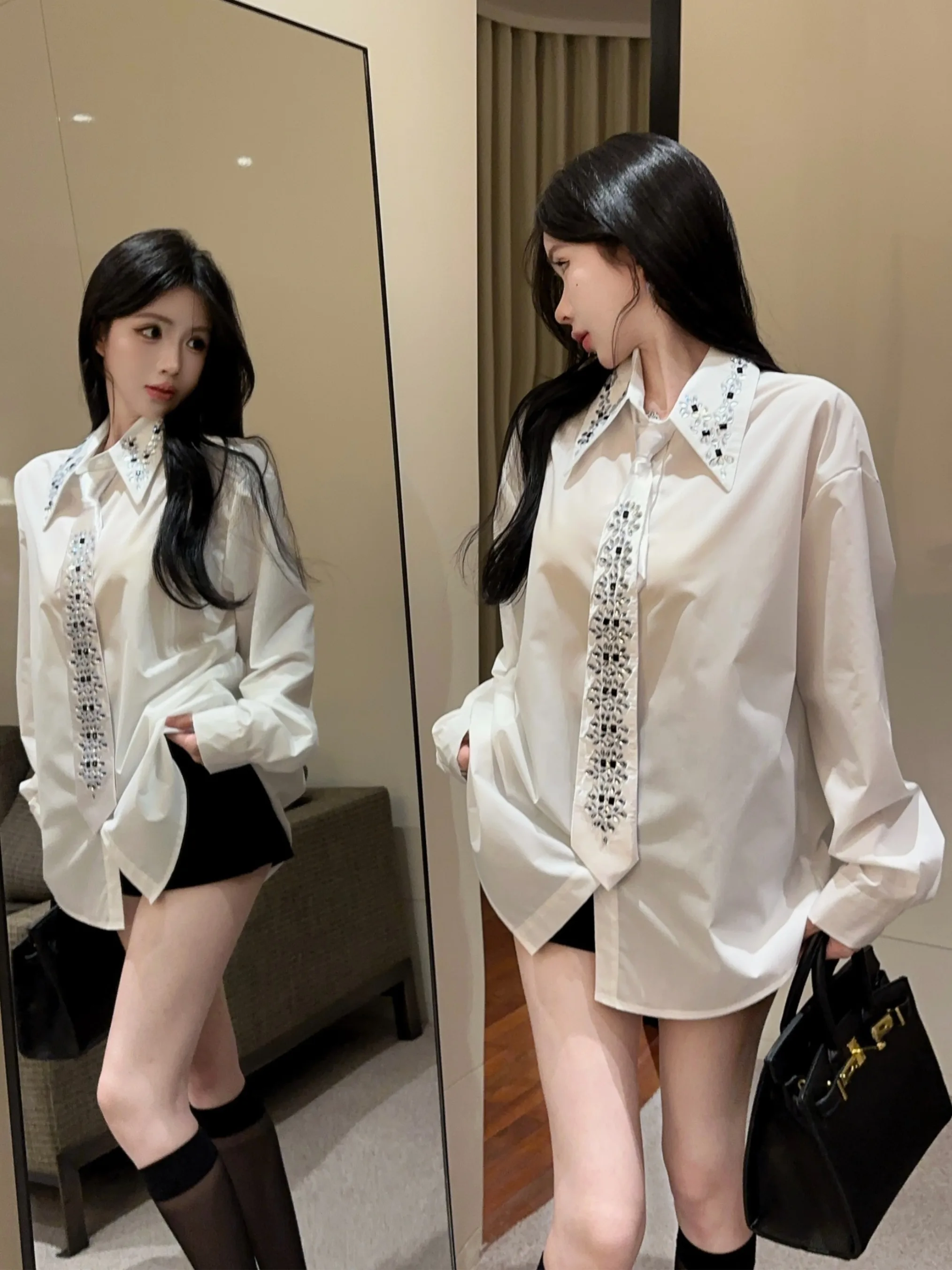 

Elegant Heavyweight Long Sleeve Women's Shirt Slimming Design Korean Style White Diamond Tie Blouse Fashionable Spring Summer