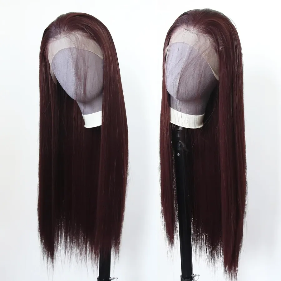 Peruka 99J Długa Prosta Bordowa Syntetyczna Peruka typu Lace Front z Wstępnie Wyskubaną Linią Włosów dla Kobiet Modnych, Odporna na Ciepło, Bezklejowa Syntetyczna