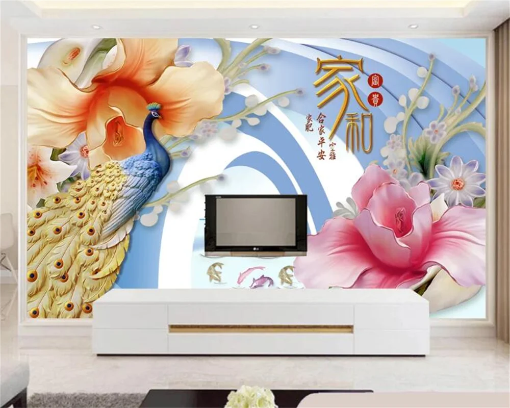 Custom wallpaper atmosphere fashion 3D three-dimensional bridge Jade carving Peacock flower living room TV background wall mural