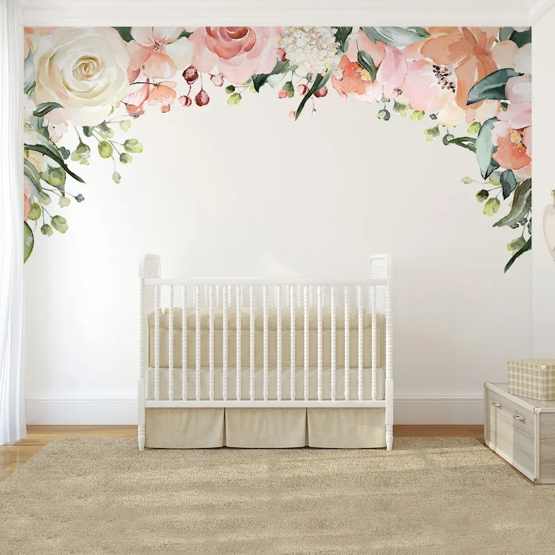 ROSE GARDEN Floral Wall CANOPY Charlotte Pink & White Peonies Wall-to-Wall Mural Watercolor Flowers Blossoms Wall Vinyl and Fabr