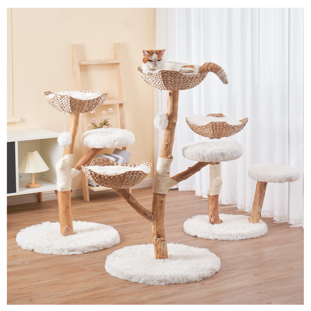 Suppliers Custom Log Color Luxury Natural Solid Real Wood Climbing Woven Nest Cat House Cat Tree With 100% Natural Sisal