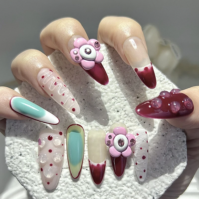 

10 Pieces 3D Flower Sculpted Gradient Blush Handmade Press On Nails Cannibal Flower of Doom Fake Nails Removable Reusable