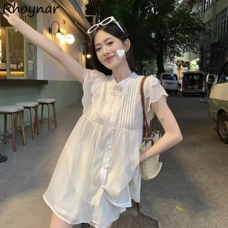 Thin White Sets Women Gentle Summer French Style Casual Loose Shirt Flying-sleeve Aesthetic Girls Soft Shorts Delicate Pure Chic