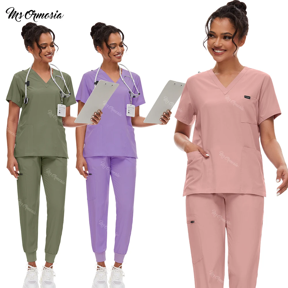 

Slim Fit Stretch Scrubs Set Hospital Medical Uniforms Nurses Accessories Dental Clinic Beauty Salon Spa Workwear Scrus Top Pants