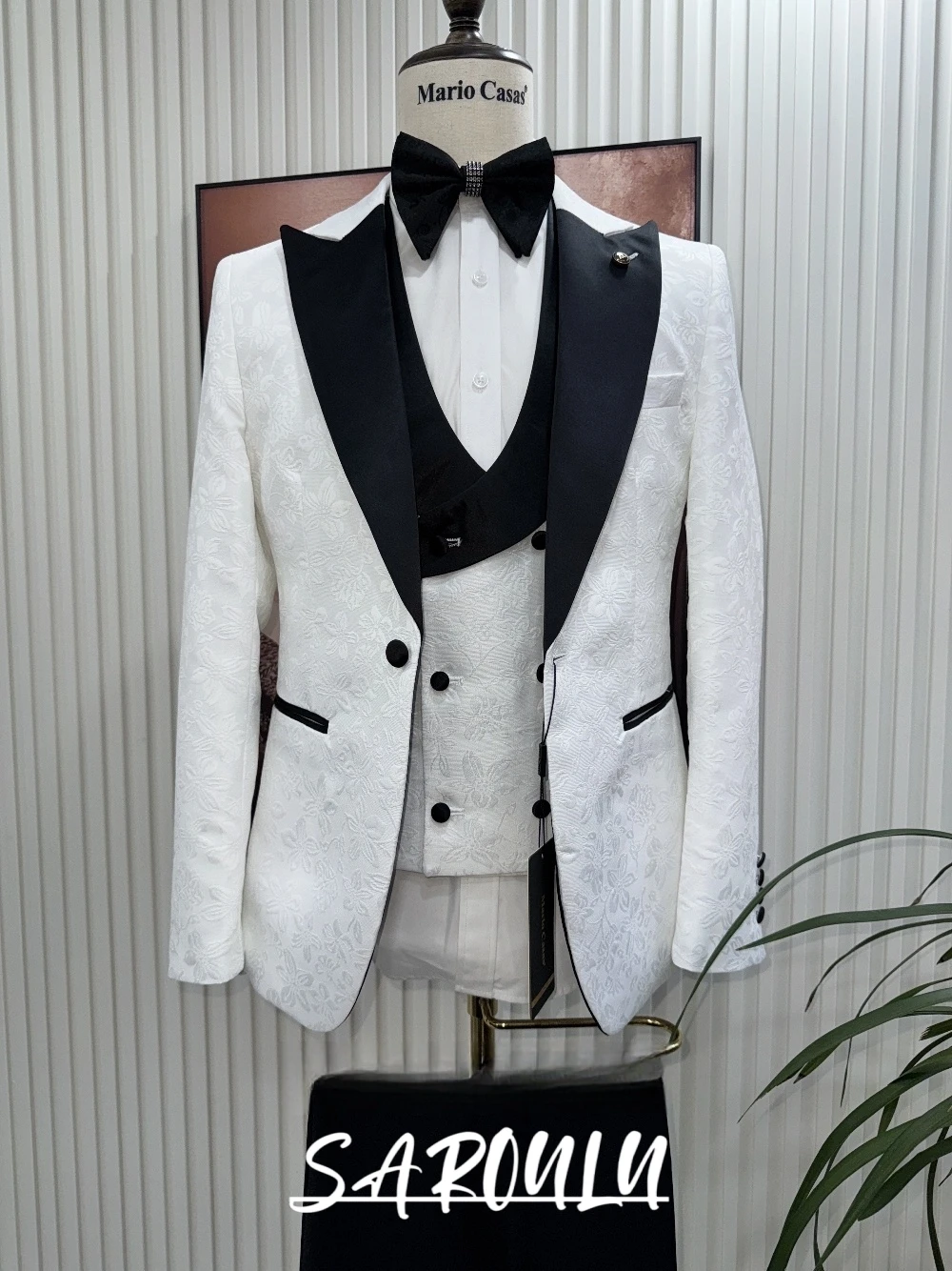 Premium Men's White Patterned 3-Piece Formal Tuxedo Black Lapel Slim Fit Groom Suit For Wedding Ball Dinner Party Formal Set