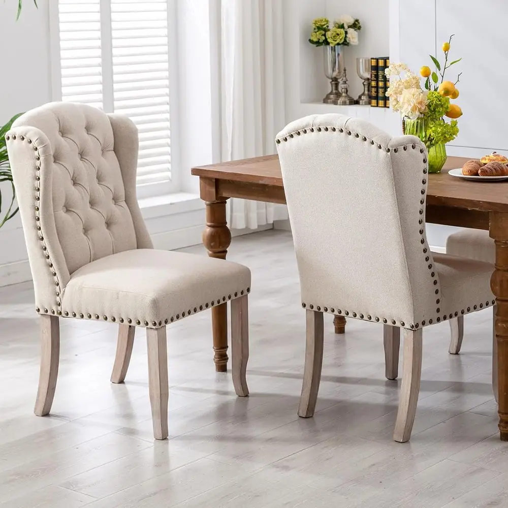 ern Tuted Dining Chairs Set o 2, Linen Upholstered Dining Room Chairs ArmlGt Side Chair or Kitchen Dining Room, Wingback Accent