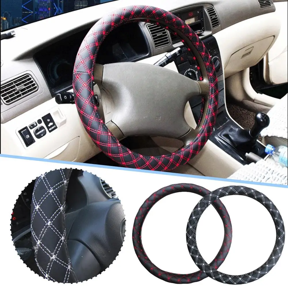 

Car Steering Wheel Cover Lingge Embroidery Artificial Soft Comfortable Wheel Steering Leather Universal Non-slip Protector K3B2